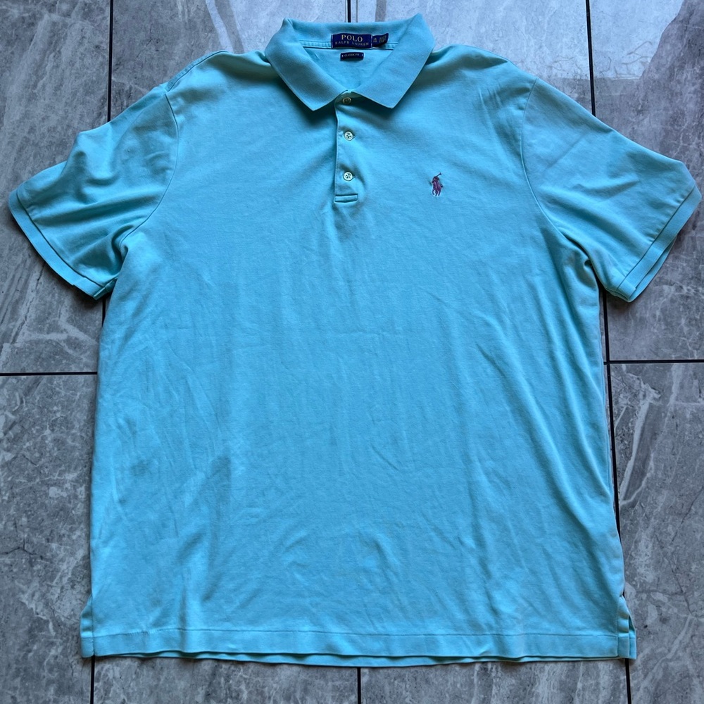 Polo Ralph Lauren Mens Aqua Blue 100%Cotton ShortSleeve Polo Shirt PurplePony XL